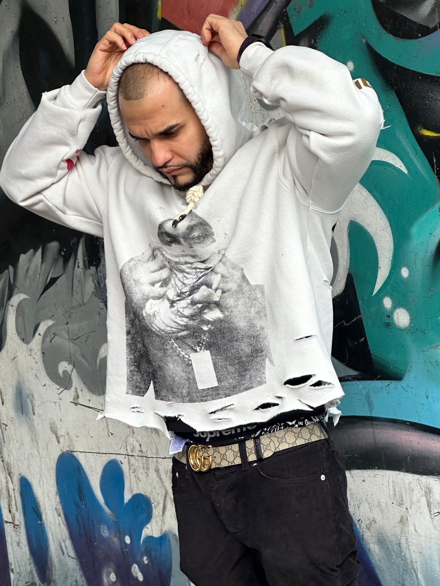 Pop Smoke💫 graphic custom crop cream, relax fit, mid weight hoodie.