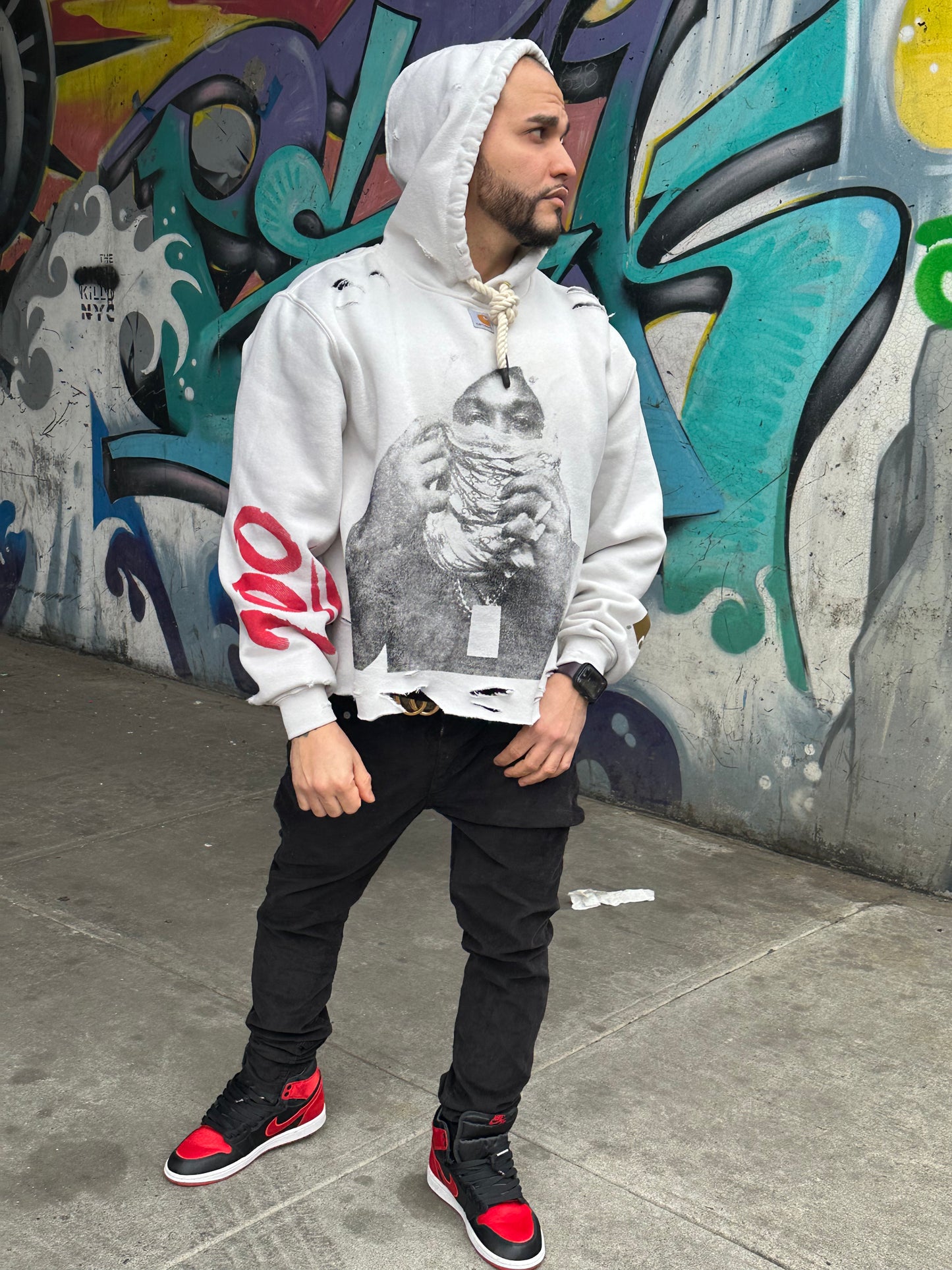 Pop Smoke💫 graphic custom crop cream, relax fit, mid weight hoodie.